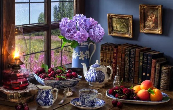 Flowers, style, berries, tea, books, lamp, kettle, window