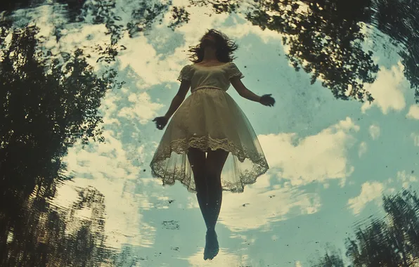 Summer, the sky, girl, clouds, trees, branches, pose, reflection