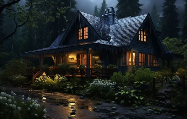 Forest, summer, drops, flowers, night, nature, lights, house