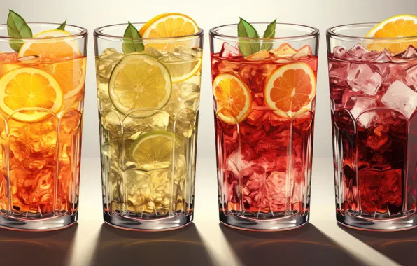 Glasses, fruit, drinks, cocktails, AI art, neural network