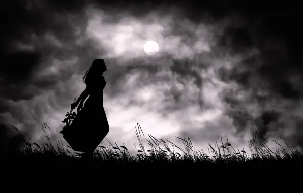Picture girl, night, the moon, silhouette, my loneliness