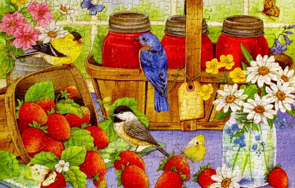 Picture flowers, bird, butterfly, strawberry, puzzles, basket