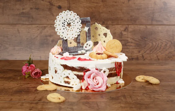 Picture decoration, chocolate, roses, cookies, cake, cream, sweet