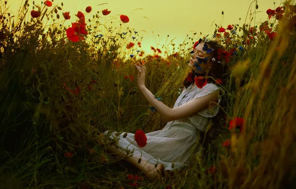 Summer, girl, butterfly, sunset, flowers, pose, style, Maki