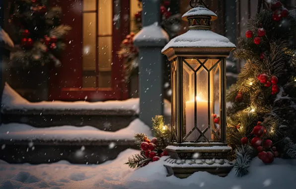 Winter, snow, decoration, New Year, Christmas, lantern, light, new year