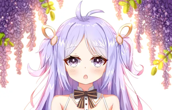 Girl, long hair, anime, flowers, beautiful, purple eyes, pretty, face