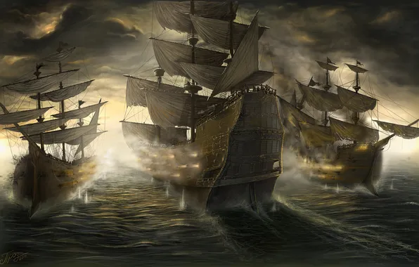 Sea, clouds, ships, battle, the battle, TamplierPainter