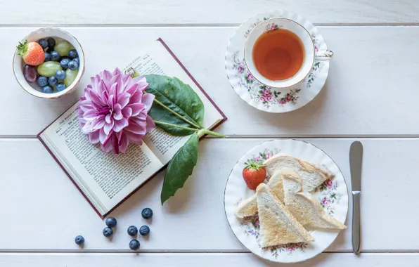 Berries, tea, book, toast, Dahlia