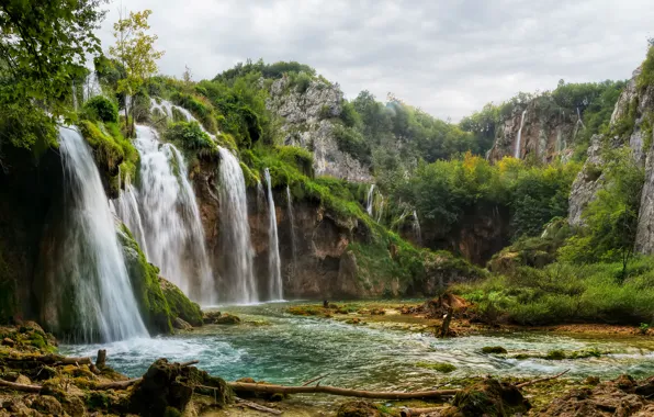 Picture forest, stream, rocks, waterfall, Croatia, Plitvice Lakes