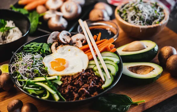 Mushrooms, egg, scrambled eggs, carrots, dish, salad, avocado