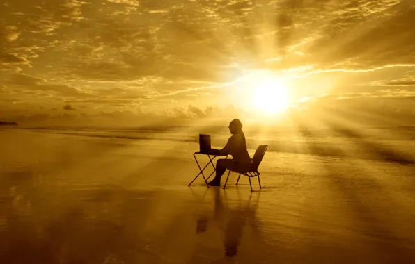 Picture sea, computer, the sky, water, girl, the sun, clouds, table