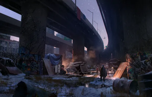 Snow, the city, people, devastation, Overpass