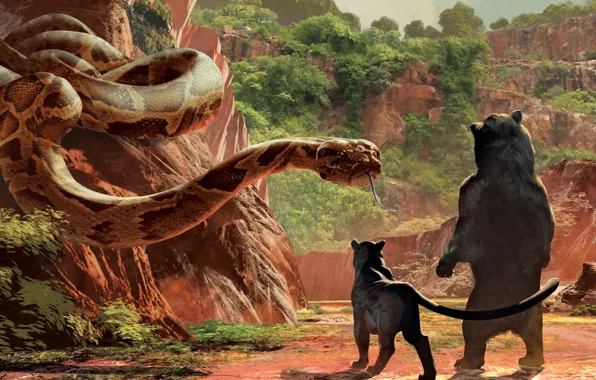 Scarlett Johansson, cinema, Disney, snake, bear, trees, animals, nature