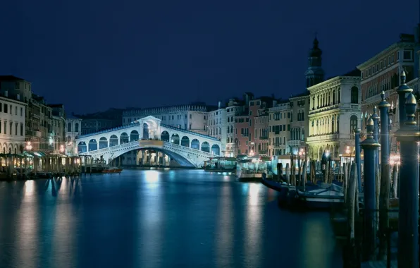 Landscape, night, bridge, blue, view, building, Italy, Venice