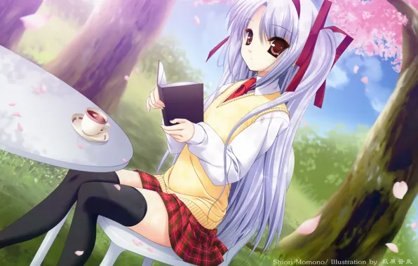 Girl, table, tea, book, 11 eyes