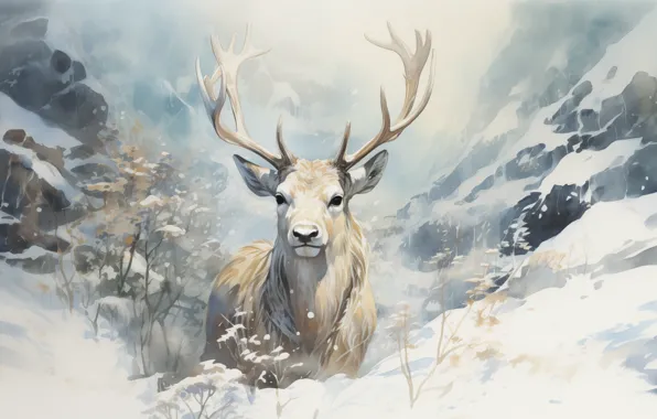 Picture animals, winter, snow, painting, digital art, deer, antlers, AI art
