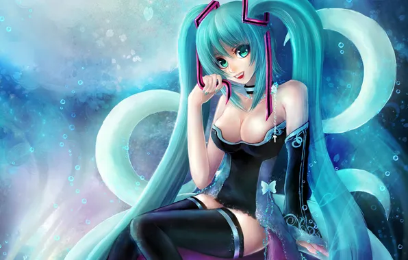 Girl, tape, art, vocaloid, hatsune miku, Vocaloid, sitting, tails