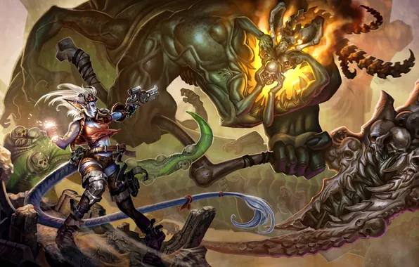 Girl, gun, weapons, monster, tail, ears, dota, fight