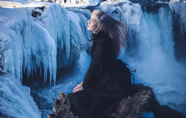 Picture girl, the sun, snow, stone, ice, Iceland, Godafoss
