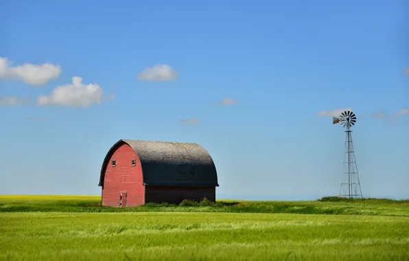 Field, summer, the sky, clouds, windmill, Canada, Albert, the barn