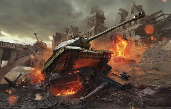 Picture fire, war, building, destruction, tank, game wallpapers, World of Tanks