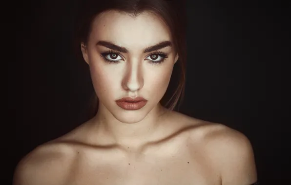 Picture look, girl, portrait, makeup, hairstyle, brown hair, beauty, black background