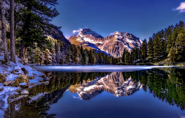Winter, forest, snow, mountains, lake, reflection, blue, shore