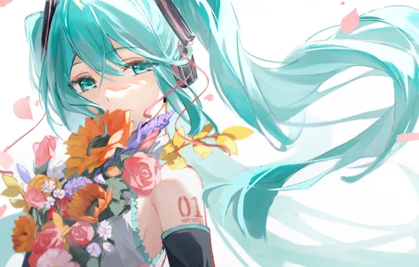 Girl, flowers, Hatsune Miku, Vocaloid