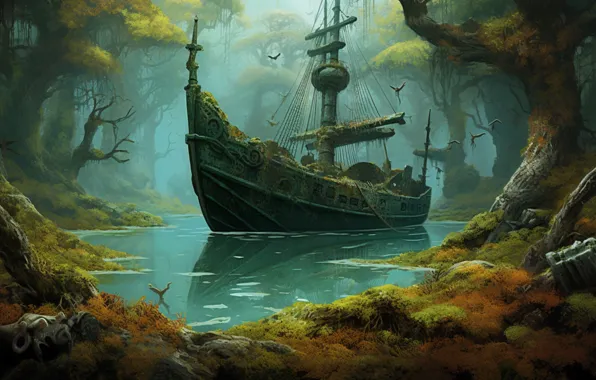 Water, ship, sailboat, fantasy, pond, the ship, swimming, sailing ship