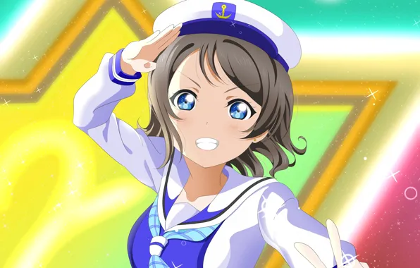 Smile, background, art, girl, cap, Love Live School Idol Project, Living love