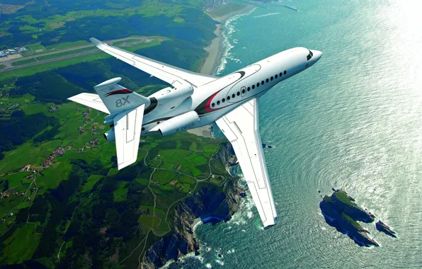 Sea, The plane, Island, Rock, WFP, Dassault Aviation, Dassault Falcon 8X, Business jet