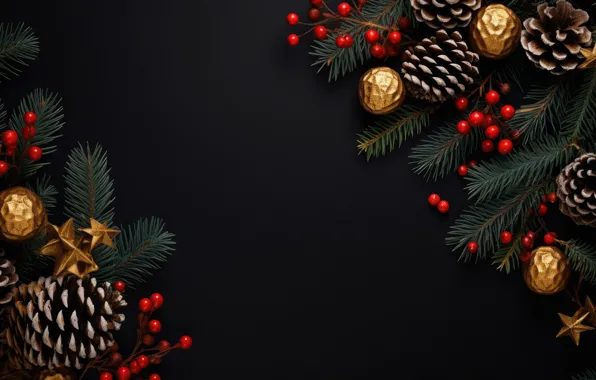 Balls, branches, berries, the dark background, fruit, Christmas, New year, black background