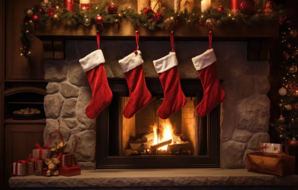 Decoration, house, balls, interior, New Year, Christmas, red, fireplace