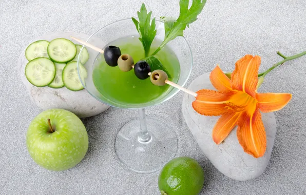 Picture greens, flower, Lily, cucumber, cocktail, lime