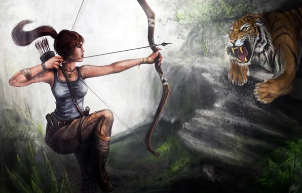Picture girl, face, tiger, hair, predator, bow, art, mouth