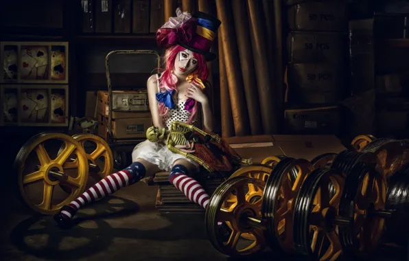 Picture girl, mood, hat, doll, circus, Asian, cylinder, clown
