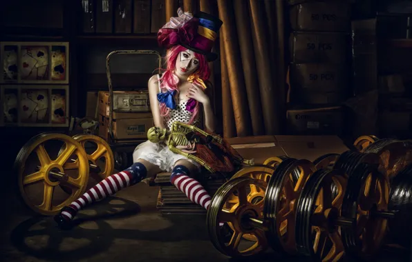 Girl, mood, hat, doll, circus, Asian, cylinder, clown