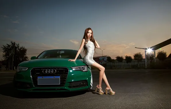 Look, girl, Audi, Asian, beautiful girl, green car