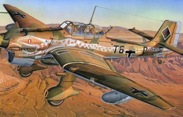 Picture aviation, ww2, painting, airplane, Junkers Ju87R-2 Stuka &ampquot;desert snake&ampquot;, war, art