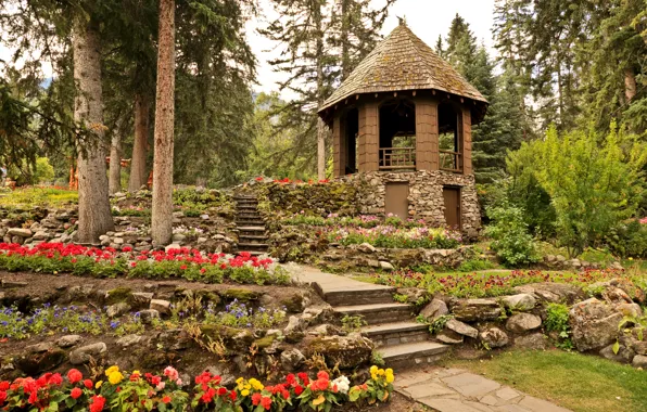 Picture trees, flowers, stones, garden, Canada, track, steps, gazebo