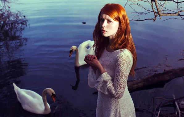 Picture girl, nature, shore, portrait, makeup, dress, hairstyle, river