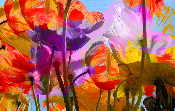 Picture line, flowers, rendering, paint, petals, stem