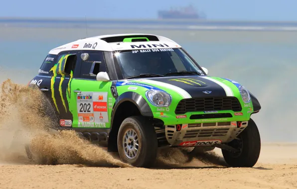 Sand, Auto, Green, The hood, Mini Cooper, Rally, Dakar, MINI