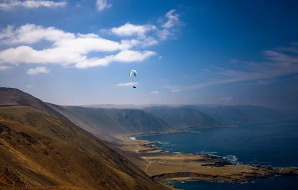 Picture sea, summer, the sky, clouds, hills, shore, pilot, solar