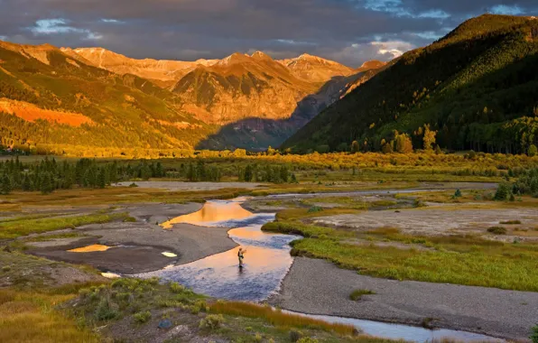 Picture mountains, river, fisherman, Colorado, USA
