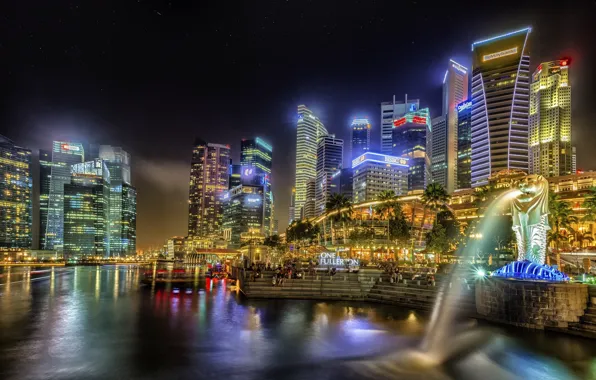 Picture night, the city, lights, Singapore, fountain, illumination
