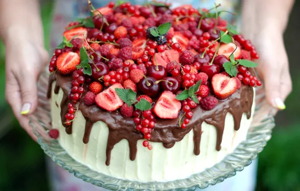 Picture cherry, berries, raspberry, chocolate, strawberry, cake, mint, currants