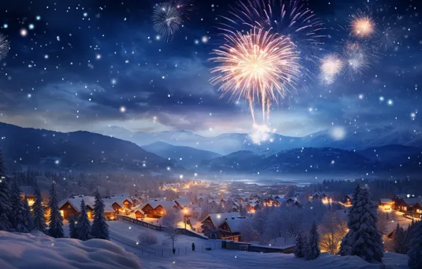 Picture winter, snow, night, lights, salute, New Year, village, Christmas