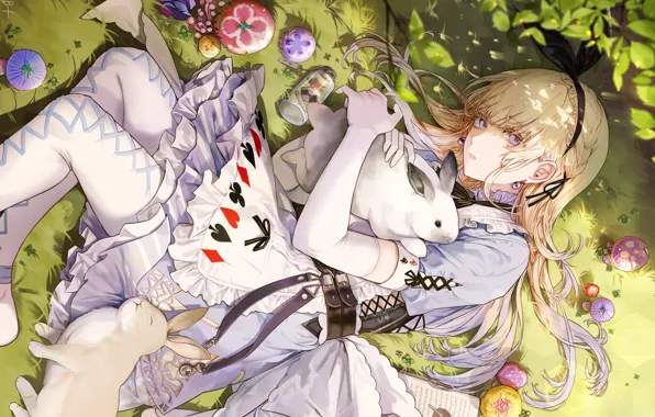 Mushrooms, Bank, Alice in Wonderland, Alice in Wonderland, Alice, apron, lying on the grass, white …