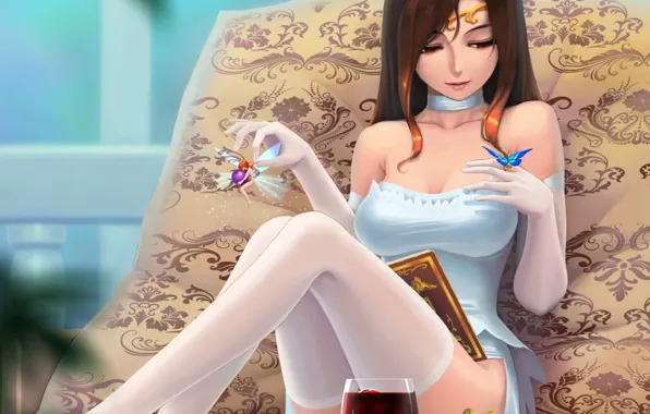 Girl, wine, butterfly, glass, fairy, art, book, sitting
